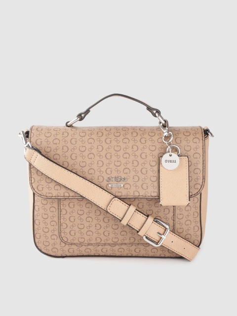 

GUESS Beige & Brown Brand Logo Print Satchel Bag with Detachable Sling Strap