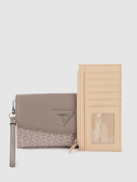 

GUESS Women Taupe Brand Logo Textured Envelope Wallet with Detachable Flap