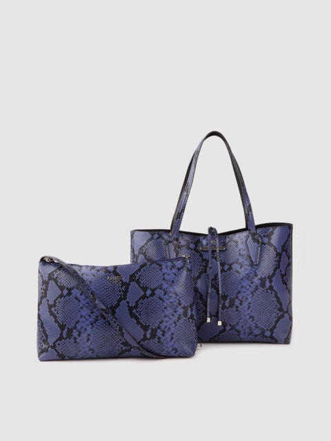 

GUESS Navy Blue & Black Snakeskin Textured Tote Bag with Detachable Pouch cum Handheld Bag