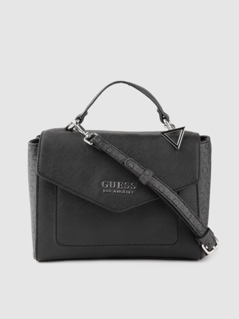 

GUESS Black Solid Satchel with Brand Logo Print Detail & Detachable Sling Strap