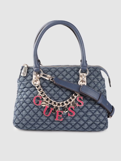

GUESS Navy Blue Solid Quilted Denim Handheld Bag
