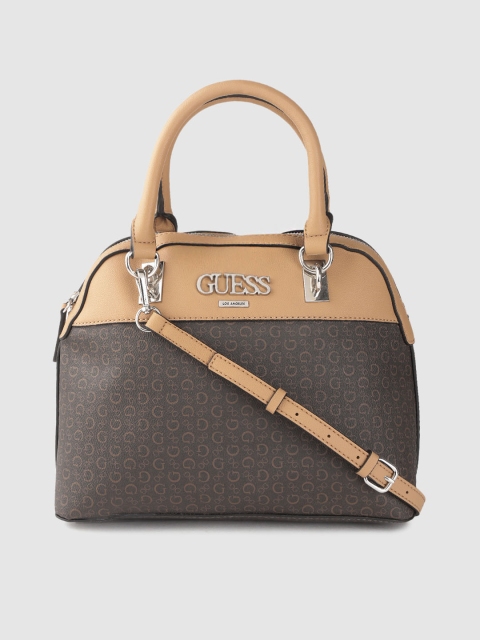 

GUESS Coffee Brown & Beige Brand Logo Printed Handheld Bag