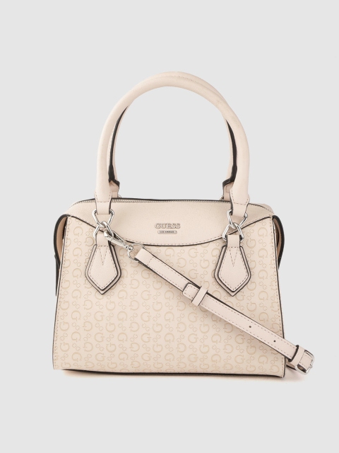 

GUESS Cream-Coloured Brand Logo Textured Handheld Bag with Detachable Sling Strap