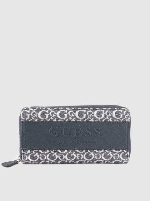 

GUESS Women Navy Blue & White Brand Logo Textured Zip Around Wallet
