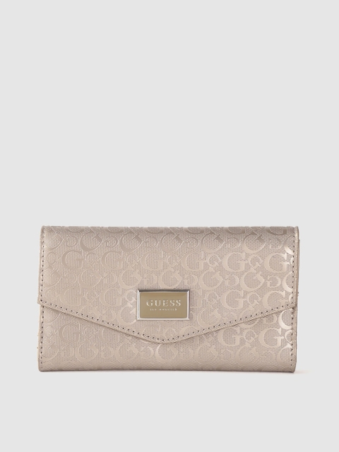 

GUESS Women Champagne Brand Logo Textured Three Fold Envelope Wallet