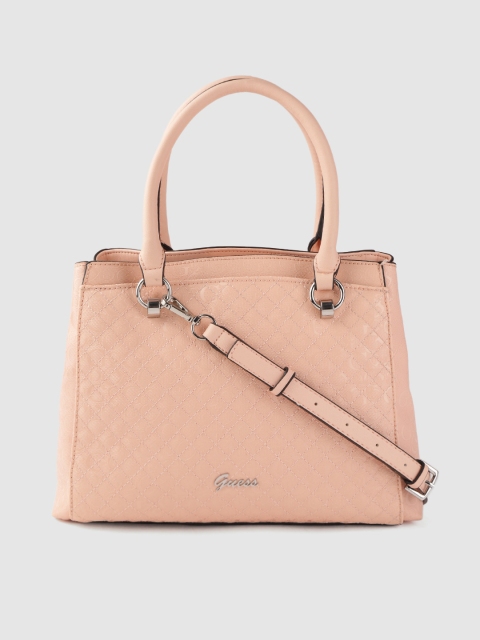 

GUESS Peach-Coloured Brand Logo Textured Handheld Bag with Quilted Detail