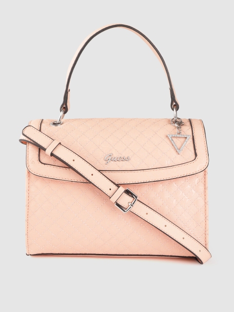 

GUESS Peach-Coloured Textured Quilted Satchel Bag