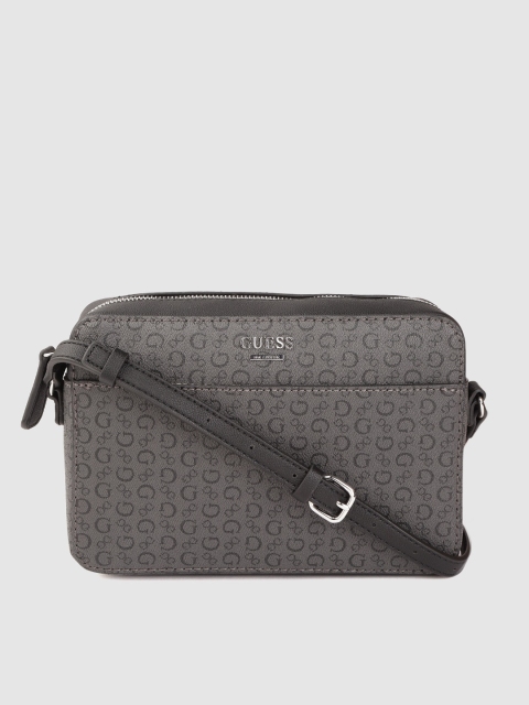 

GUESS Charcoal Grey & Black Brand Logo Printed Sling Bag