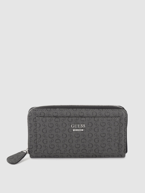 

GUESS Women Charcoal Grey & Black Brand Logo Print Zip Around Wallet