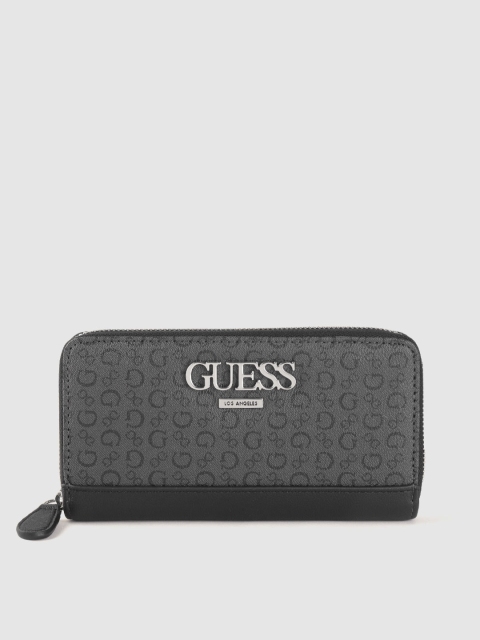 

GUESS Women Charcoal Grey & Black Brand Logo Print Zip Around Wallet