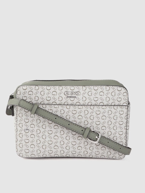 

GUESS Off-White & Olive Green Brand Logo Print Sling Bag