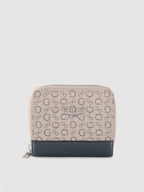 

GUESS Women Beige & Navy Blue Brand Logo Print Zip Around Wallet