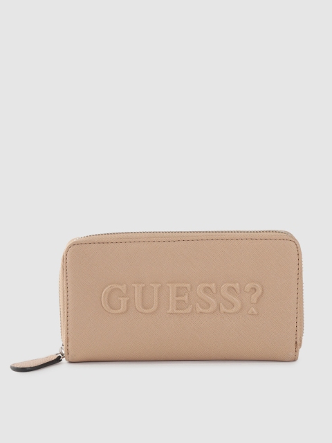 

GUESS Women Beige Brand Logo Embossed Print Zip Around Wallet