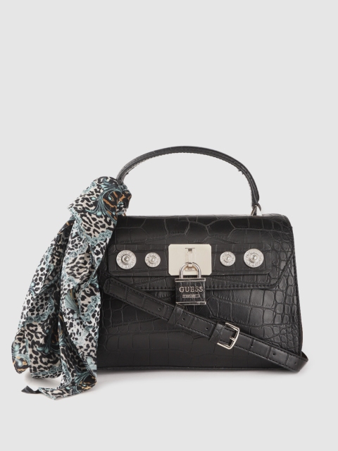 

GUESS Women Black Croc Textured Satchel With Scarf