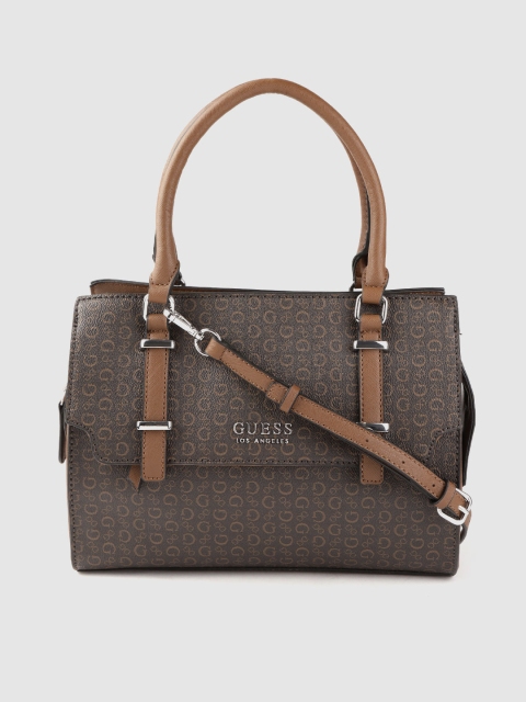 

GUESS Coffee Brown Brand Logo Print Handheld Bag with Detachable Sling Strap