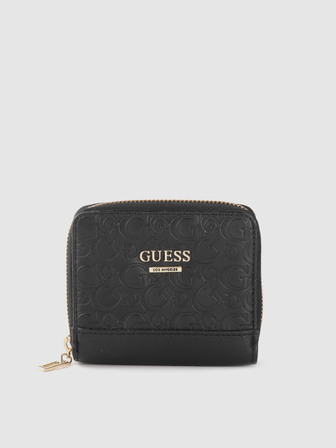 

GUESS Women Black Brand Logo Textured Zip Around Wallet