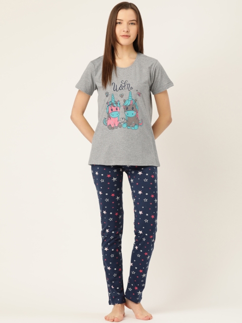 

MBeautiful Women 2 Pc Grey Melange & Navy Blue Printed Night Suit Set