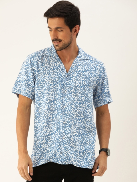 Hancock Men White & Blue Regular Fit Floral Printed Casual Shirt