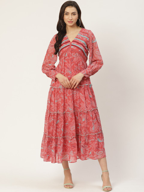 

Antheaa Women Pink & Blue Paisley Printed Tiered Empire Dress