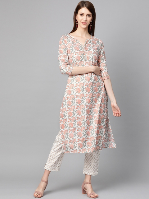 

mokshi Women White & Peach-Coloured Floral Printed Kurta with Trousers