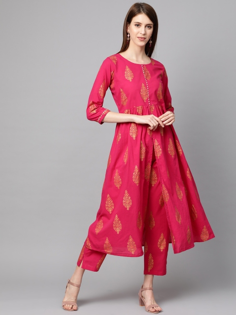 

mokshi Women Pink & Golden Foil Print Front Slit Kurta with Trousers