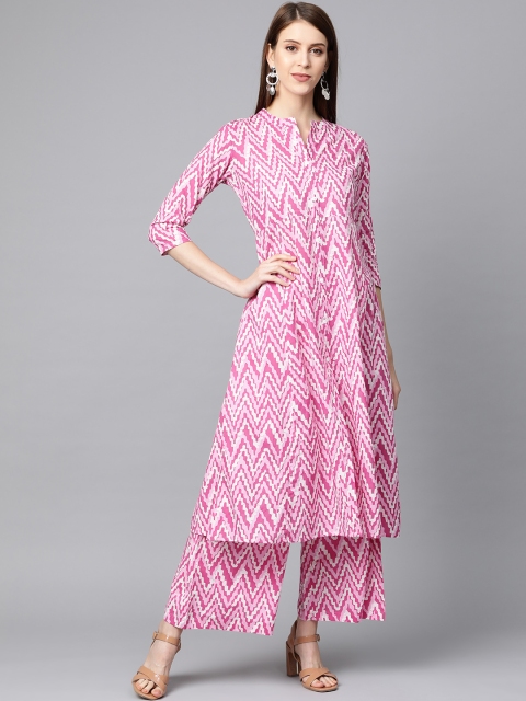 

mokshi Women Pink & White Chevron Print Kurta with Palazzos