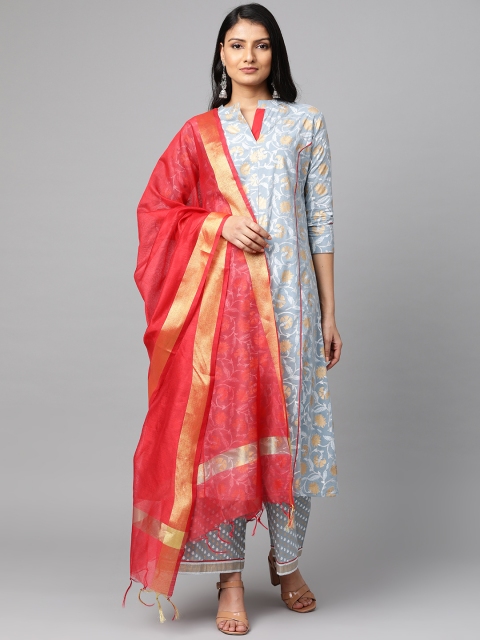 

mokshi Women Grey & Off-White Floral Printed Kurta with Palazzos & Dupatta