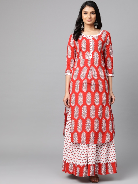 

mokshi Women Red & White Printed Kurta with Skirt