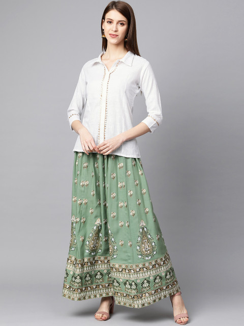 

mokshi Women White & Green Solid Shirt with Skirt