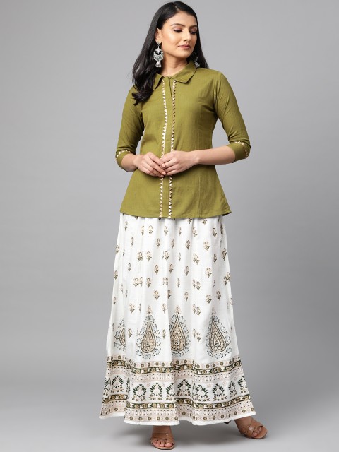 

mokshi Women Olive Green & White Solid Shirt with Printed Skirt