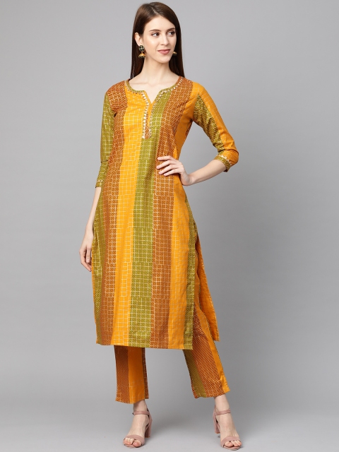 

mokshi Women Mustard Yellow & Green Printed Kurta with Trousers