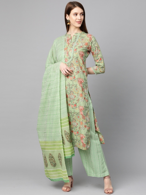 

mokshi Women Green & Coral Pink Printed Kurta with Palazzos & Dupatta