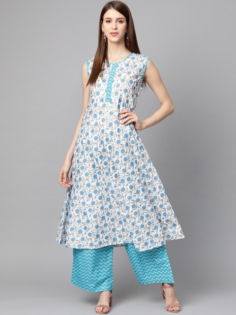 

mokshi Women White & Blue Floral Print Kurta with Palazzos