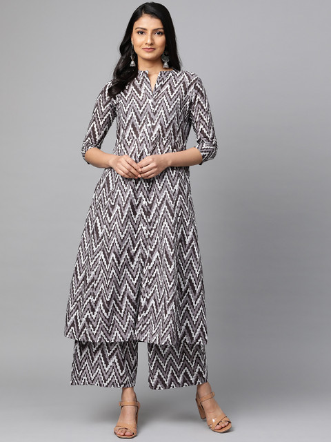 

mokshi Women Grey & Black Chevron Printed Kurta with Palazzos