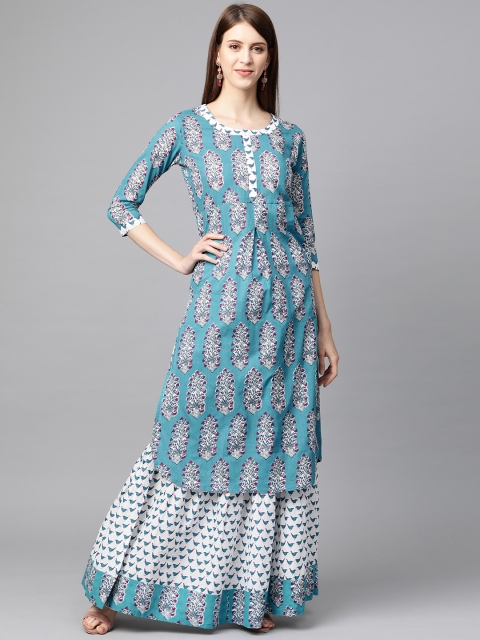 

mokshi Women Blue & Pink Floral Printed Kurta with Skirt