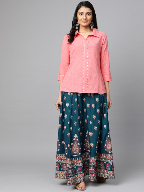 

mokshi Women Pink & Teal Green Solid Shirt with Skirt