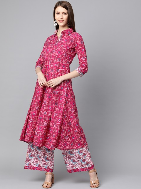 

mokshi Women Pink & White Bandhani Printed Kurta with Palazzos