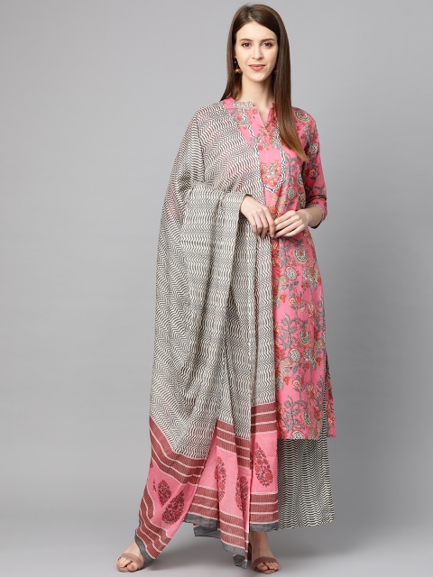 

mokshi Women Pink & Charcoal Grey Printed Kurta with Palazzos & Dupatta