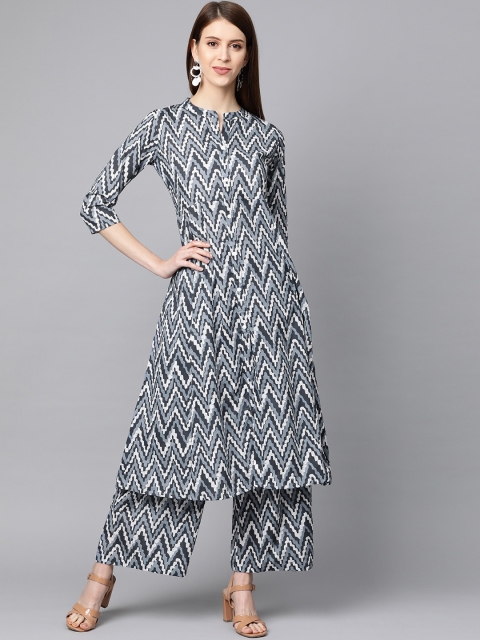 

mokshi Women Grey & White Printed Kurta with Palazzos