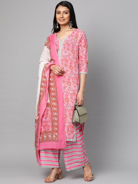 

mokshi Women Pink & Green Floral Printed Kurta with Palazzos & Dupatta