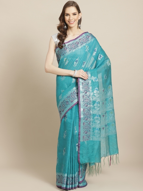 

swatika Teal Blue & Silver Pure Linen Handloom Woven Design Banarasi Saree