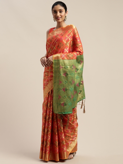 

Mitera Orange & Gold-Toned Silk Blend Woven Design Kanjeevaram Saree