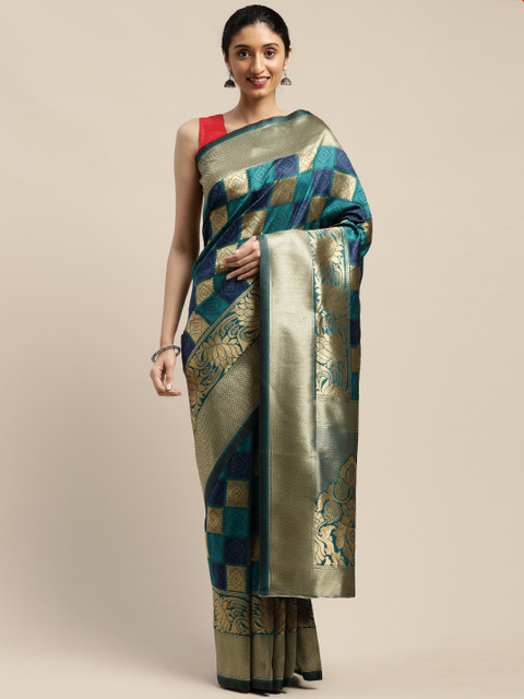 

Mitera Turquoise Blue & Gold-Toned Silk Blend Checked Kanjeevaram Saree