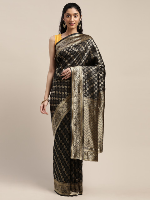 

Mitera Black & Gold-Toned Silk Blend Woven Design Kanjeevaram Saree
