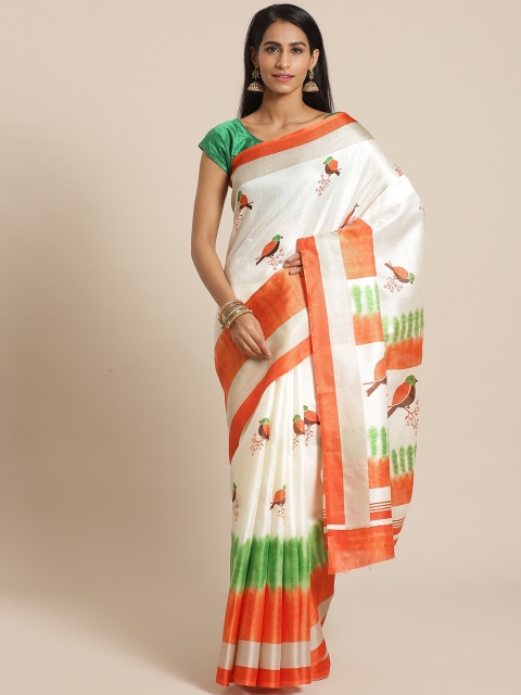 

KALINI White & Orange Bird Printed Saree