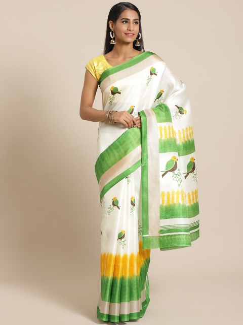 

KALINI White & Green Bird Printed Saree