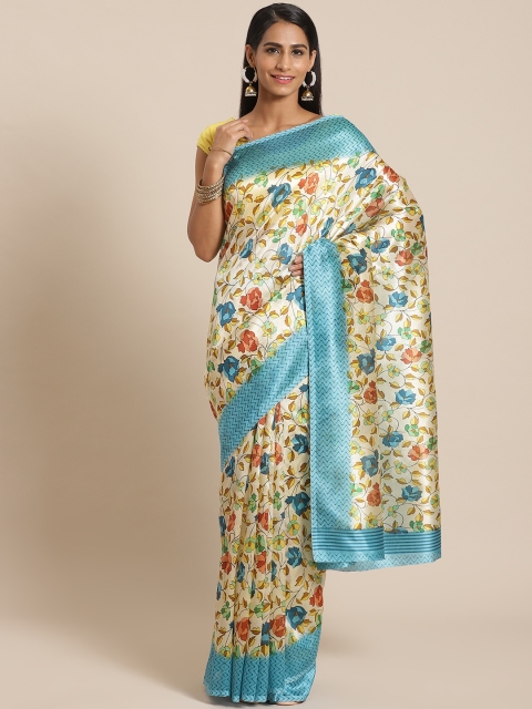 

KALINI Beige & Blue Floral Print Saree