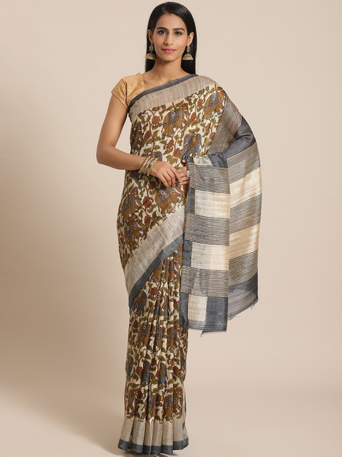 

KALINI Beige & Mustard Brown Printed Bhagalpuri Saree