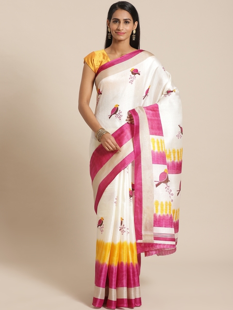 

KALINI White & Pink Bird Printed Saree