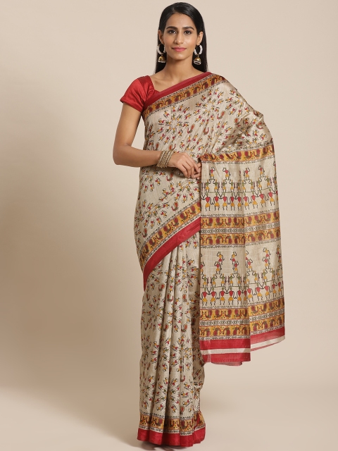 

KALINI Beige & Maroon Printed Bhagalpuri Saree